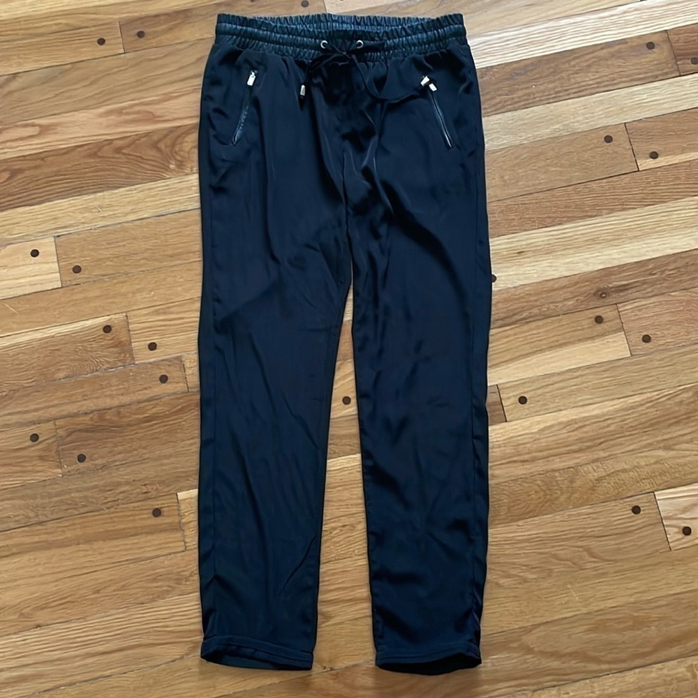 Stradivarius Women Black Jogger Faux Leather Elastic Waist Silky Ankle Pants L